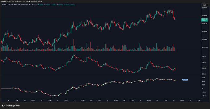 A TradingView chart of the PLUME/USDT perpetual contract on Binance (1-hour timeframe) shows price action climbing from around $0.017 to a recent high near $0.0215, consistent with the post's claim of sustained upward momentum, while the lower panels displaying net position delta (NDO) and a rising line graph visually reinforce the post's note that long positioning is continuously increasing.