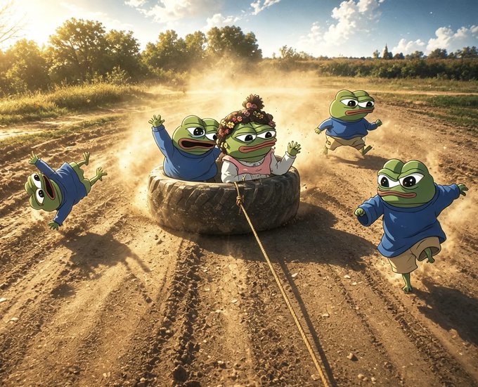 A surreal image of Pepe the Frog characters in a dusty field, with two frogs riding in a tire being pulled by a rope while others chase after them.
