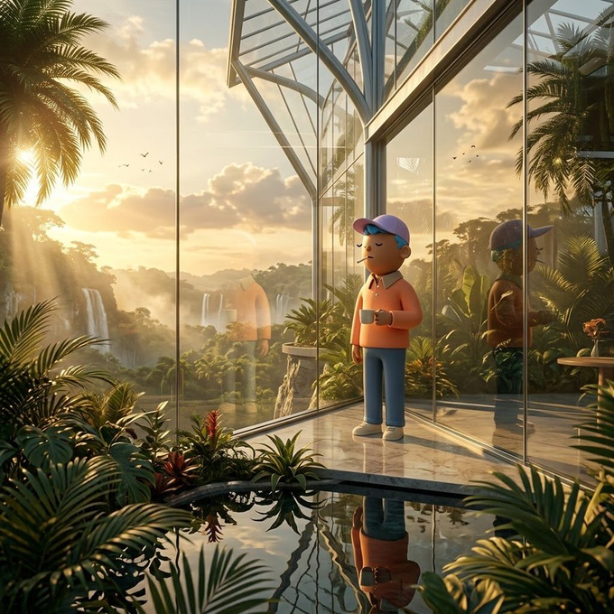 A 3D-rendered illustration shows a cartoon character wearing a purple cap and orange sweater standing inside a glass-walled tropical greenhouse, looking out at lush foliage and waterfalls at sunset, with his reflection visible in a pool of water on the floor.