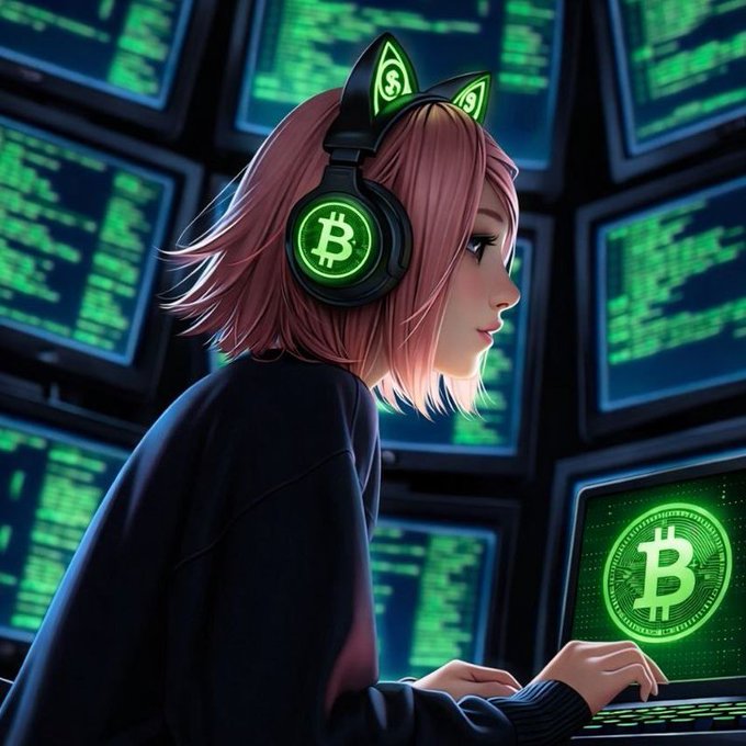 An anime-style illustration of a girl with pink hair wearing headphones with a Bitcoin logo and cat-ear designs, sitting at a laptop displaying a Bitcoin symbol, surrounded by screens with green code.