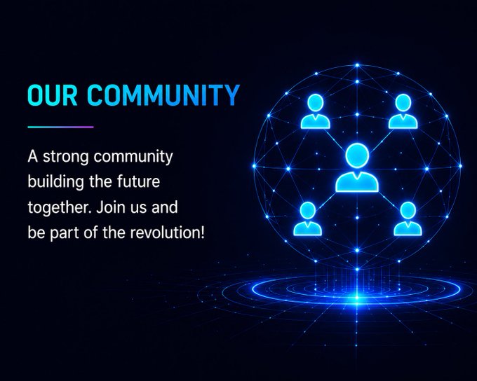 The image features a blue globe surrounded by small circles, each containing a person's face. The text "Our Community" is written above the globe, emphasizing the importance of community involvement. Below the globe, there are three lines of text that read "A strong community builds the future together. Join us and be part of the revolution." This message highlights the idea that communities can work together to create a better future through collaboration and shared goals.
