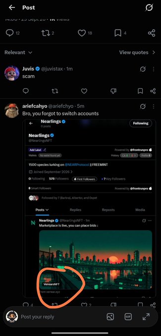A screenshot of a social media post where user 'ariefcahyo' comments 'Bro, you forgot to switch accounts' on a tweet by 'Juvis' who posted 'scam', pointing out a 'Nearlings' NFT profile.