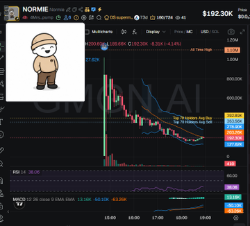 The image shows a trading chart for the $NORMIE token with a price of $192.30K and a market cap of 1,186,656, displaying candlestick movements and technical indicators like RSI and MACD, alongside a cartoon character mascot — reflecting the post's analysis that $NORMIE is highly concentrated, with top 10 holders controlling 98.2% of supply and 89.1% sitting in CEX cluster wallets, rendering deeper on-chain breakdown unnecessary.