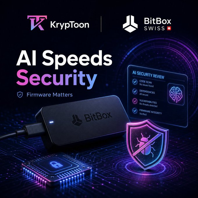 The image is a promotional graphic featuring the KrypToon and BitBox Swiss logos, alongside a BitBox hardware wallet displayed on a circuit board with a pink security shield icon. It includes an "AI Security Review" panel showing verified checks for code scan, dependencies, vulnerabilities, and firmware integrity, accompanied by the text "AI Speeds Security — Firmware Matters," visually reinforcing the article's claim that BitBox leveraged AI-driven firmware analysis to rapidly identify and patch two severe vulnerabilities.