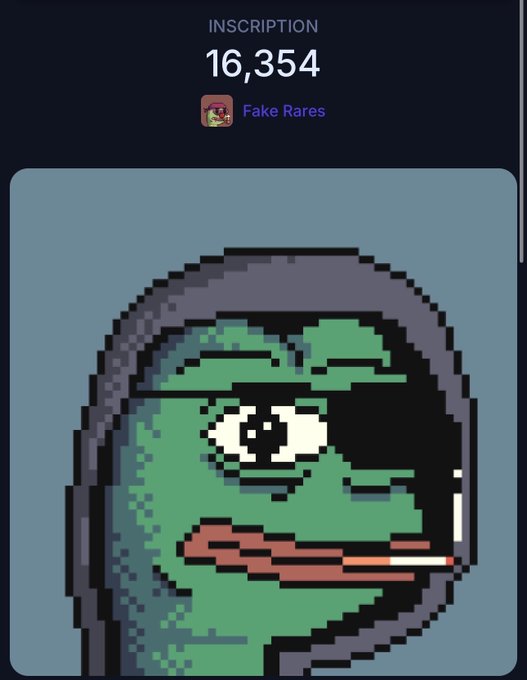 A pixel art NFT showing a green frog character wearing a dark hood and an eye patch with a cigarette in its mouth, labeled 'INSCRIPTION 16,354' and 'Fake Rares'.