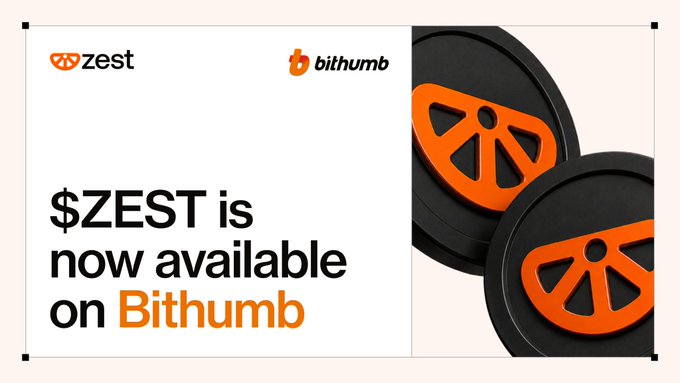 A promotional announcement graphic stating '$ZEST is now available on Bithumb' featuring the Zest and Bithumb logos alongside black and orange token graphics.