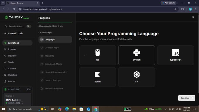 A screenshot of the Canopy Terminal launchpad showing a "Choose Your Programming Language" step with options for Go, Python, TypeScript, Kotlin, and C#, illustrating Canopy Network's template-based blockchain development approach highlighted in the post.