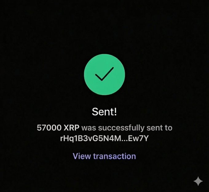 The image shows a message screen with an XRP symbol and a green checkmark. The text indicates that the sender has successfully sent $57,000 to another person who has never won any raffle or contest before.