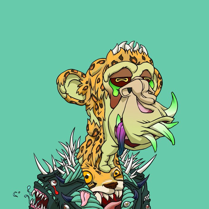 A cartoon illustration depicts a stylized leopard-like creature with green and purple accents emerging from a mass of monstrous, spiky green creatures on a green background.