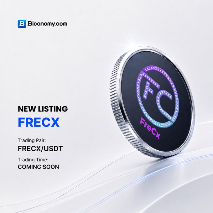 A promotional graphic for Biconomy.com announcing a 'NEW LISTING' for the cryptocurrency 'FRECX', showing a silver coin with a purple 'FC' logo and trading pair 'FRECX/USDT'.