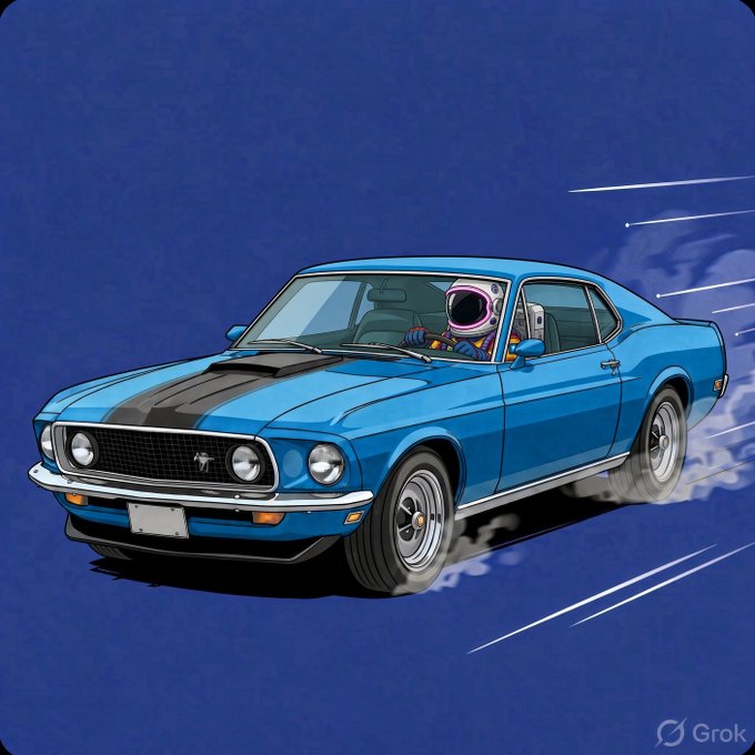 An illustrated blue Ford Mustang muscle car with black racing stripes driven by an astronaut, set against a blue background with motion lines and the 'Grok' watermark in the corner.