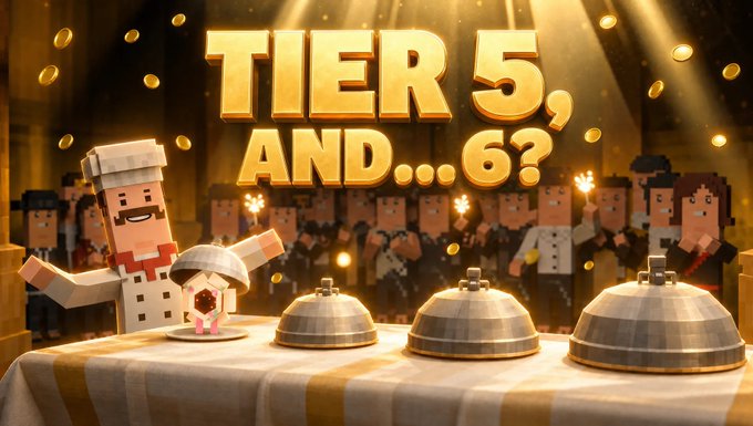 A Minecraft-themed promotional image showing a pixelated chef character presenting cloches on a table, with golden text reading 'TIER 5, AND...6?'