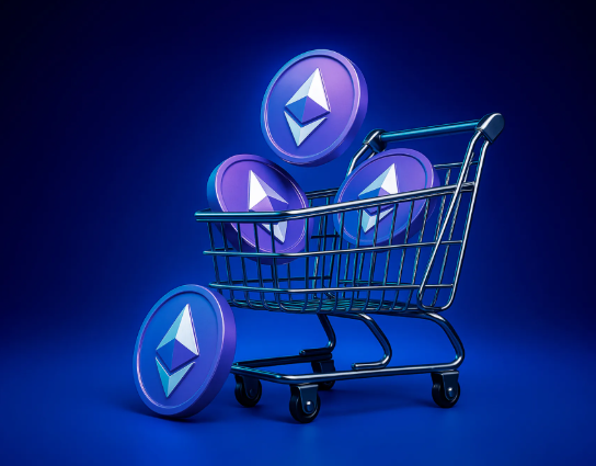 A sleek shopping cart filled with purple Ethereum (ETH) coins, symbolizing BlackRock's $130 million ETH purchase, visually reinforces the post's message of smart money "loading up" on Ethereum ahead of a major market move.