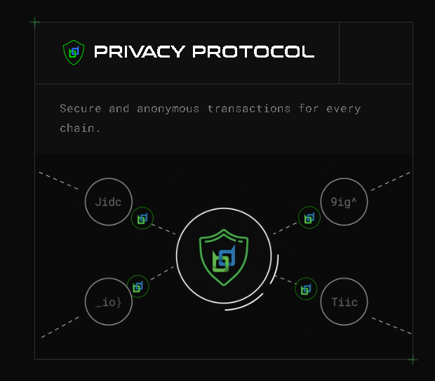 A dark graphic for 'Privacy Protocol' advertising secure and anonymous transactions for every chain, featuring a central shield logo connected to four nodes.