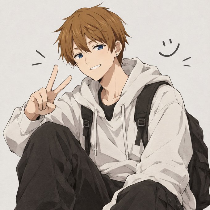 An anime-style illustration of a young man with brown hair wearing a white hoodie and black pants, smiling and making a peace sign.