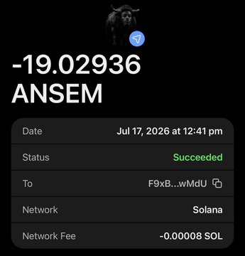 The image shows a successful Solana transaction receipt for sending -19.02936 ANSEM, a memecoin, with a minimal network fee of -0.00008 SOL on Jul 17, 2026. It serves as visual proof of the poster's promise to distribute ANSEM tokens to engaged followers who retweet and like the post.