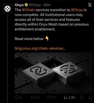 A tweet from "Onyx ✨ @Onyx" stating that "The @Chain services transition to @Onyx is now complete. All institutional users may access all of their services and features directly within Onyx Mesh based on previous entitlements," with an image of two metal cubes bearing logos.