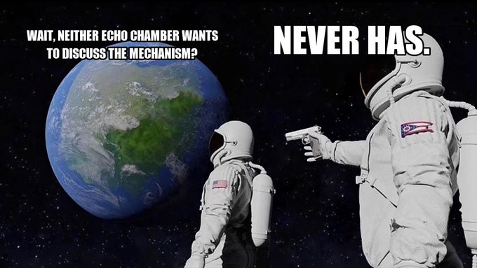 Two-panel meme using astronauts in space; left panel shows an astronaut facing Earth with text 'WAIT, NEITHER ECHO CHAMBER WANTS TO DISCUSS THE MECHANISM?' and right panel shows one astronaut pointing a gun at another with text 'NEVER HAS.'