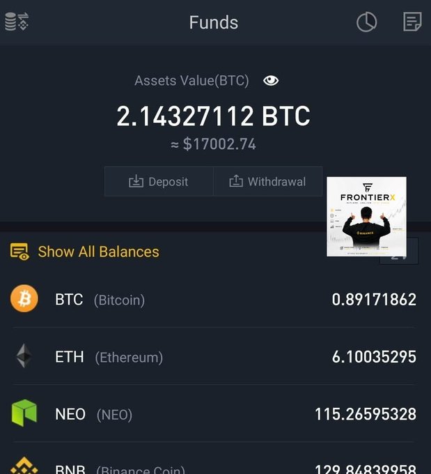 Mobile cryptocurrency wallet app showing a Funds page with Assets Value of 2.14327112 BTC (~$17,002.74), with options for Deposit and Withdrawal, and balances for BTC (Bitcoin), ETH (Ethereum), NEO (NEO), and BNB (Binance Coin).