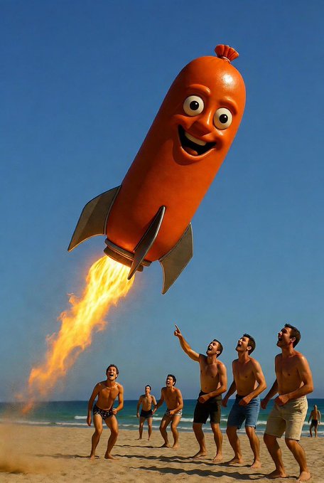 A whimsical illustration of an anthropomorphic sausage rocket with a smiling face launching with flames from its boosters over a beach, while several shirtless men in swim trunks watch in amazement against a clear blue sky.