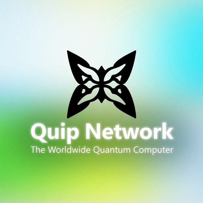 The image features a logo for Quip Network, which is an online marketplace for peer-to-peer computing services. The logo consists of a butterfly design with black outlines against a white background. Below the butterfly logo, there are words that read "quip network" and "the worldwide Quantum Computer". This suggests that Quip Network is focused on providing cutting-edge technology in the field of quantum computing.