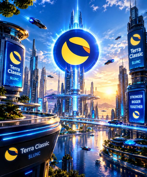 A futuristic cyberpunk cityscape featuring a glowing Terra Classic ($LUNC) logo in the sky and on multiple building billboards, with the text 'STRONGER BIGGER TOGETHER' displayed on one of the towers.