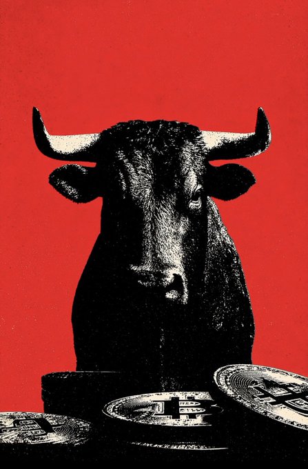 A dramatic black bull statue with prominent horns against a bold red background, with several Bitcoin coins displayed at the base.