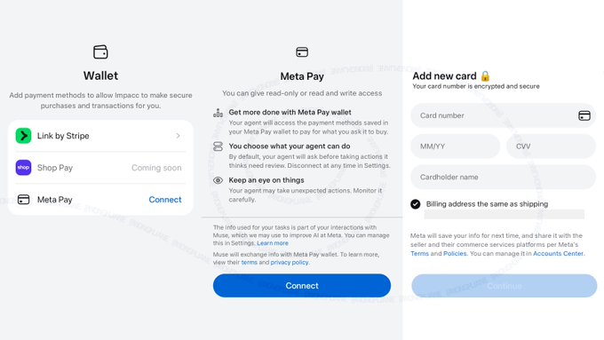 Three mobile app interface screens are displayed showing Wallet options (Link by Stripe, Shop Pay, Meta Pay), Meta Pay wallet connection details, and an "Add new card" form with fields for card number, MM/YY, CVW, and cardholder name.