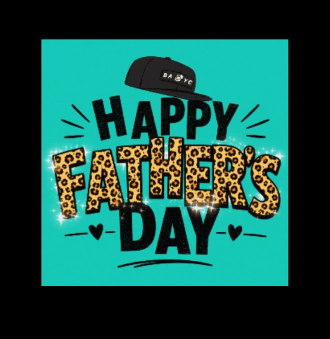 The image features a vibrant green square with a bold black and gold text reading "Happy Father's Day" written above it. Below this cheerful greeting, there are two small hearts with a leopard print design, adding an extra touch of warmth and style to the overall scene. A picture of a cap adorned with a leopard print is included in the image, providing a fun element that complements the celebratory message. The caption attached to the image reads: "Focus on what is in the image and how it relates to the post."
