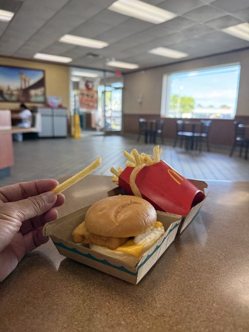 A hand holds a French fry above an open box containing a fish sandwich and fries, with a McDonald's logo visible on the fry carton.