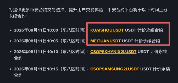 A Chinese announcement lists new perpetual contract listings on a crypto platform, with a red box highlighting KUAISHOU/USDT and MEITUAN/USDT scheduled for August 11, 2026.