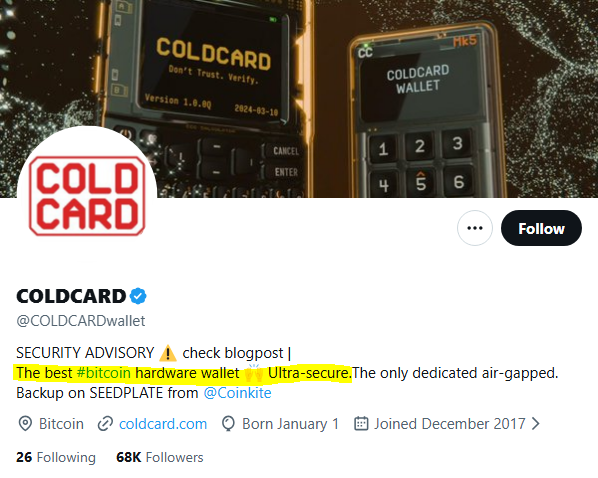 A Twitter/X profile page for COLDCARD (@COLDCARDwallet), a Bitcoin hardware wallet, showing a banner image of two COLDCARD Mk5 devices and highlighting 'The best #bitcoin hardware wallet · Ultra-secure' with 68K followers.