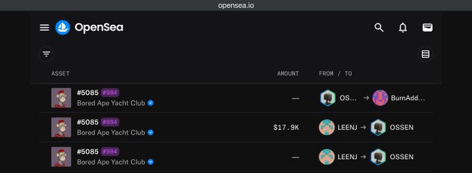 An OpenSea.io transaction history screenshot showing transfers of Bored Ape Yacht Club (#5085) NFTs between wallets, with amounts like '$17.9K' visible.