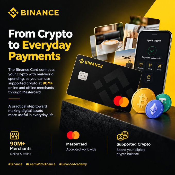 A Binance promotional graphic titled "From Crypto to Everyday Payments" featuring a black Binance Mastercard, cryptocurrency coins, and a smartphone showing a successful payment screen, highlighting acceptance at 90M+ merchants.