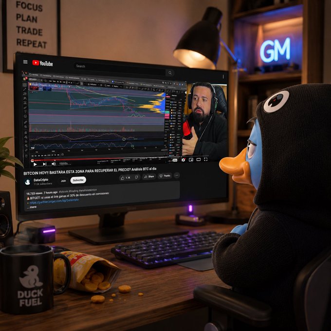 A duck wearing a black hoodie watches a YouTube video about Bitcoin titled 'BITCOIN HOY! BASTARA ESTA ZONA PARA RECUPERAR EL PRECIO? Análisis BTC al dia' on a monitor, with a 'FOCUS PLAN TRADE REPEAT' sign and a 'GM' neon light in the background.