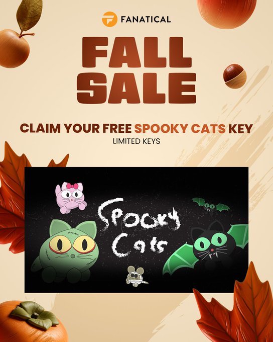A Fanatical promotional graphic advertises a 'FALL SALE' offering a 'FREE SPOOKY CATS KEY', featuring stylized cartoon cats, persimmons, and autumn leaves.