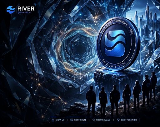A promotional graphic for RIVER (@RiverIncub) featuring a glowing blue 'S' coin emblem with the text 'THE FLOW IS YOURS', set against a futuristic crystalline tunnel with silhouettes of people looking toward a city skyline.
