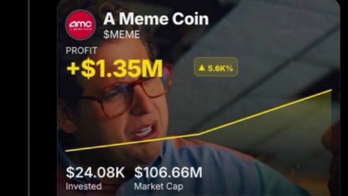 The image shows a meme coin portfolio tracker displaying "A Meme Coin" with the ticker $MEME, showing a profit of "+$1.35M" and a 5.6K% gain, with $24.08K invested and a $106.66M market cap, overlaid on a still of a character wearing red glasses from a movie. The accompanying post promotes the poster's track record of successful early calls on meme coins like $ANSEM, $TOAD, $USELESS, $CASHCAT, and $PONS, boasting massive multiples (2364x, 1037x, 1271x, 1345x, and 1724x respectively), while the image serves as hype-building "receipts" of a huge profit to lure followers into trusting their next call.