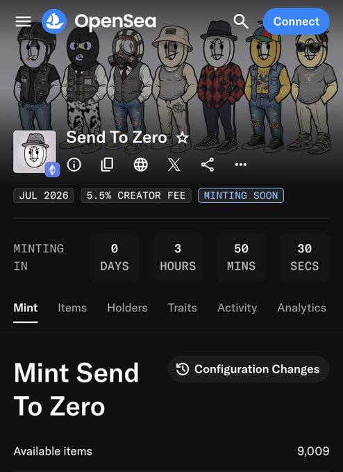 OpenSea NFT collection page for 'Send To Zero' with a 5.5% creator fee, showing a minting countdown of 0 days, 3 hours, 50 minutes, 30 seconds, and 9,009 available items.