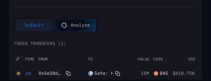 A token transfer transaction interface showing 15M BAS tokens worth $618.75K transferred 2 minutes ago from address 0x5e28d... to Gate.io.