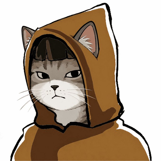 A digital illustration of a gray and white cat with a grumpy expression, dressed in a brown hooded outfit with cat ears.