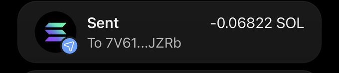 A notification shows a transaction confirmation: "Sent -0.06822 SOL To 7V61...JZRb," accompanied by the Solana logo. This image likely serves as proof of the SOL giveaway prize being sent to the winner, @The_Manda, as announced in the post.