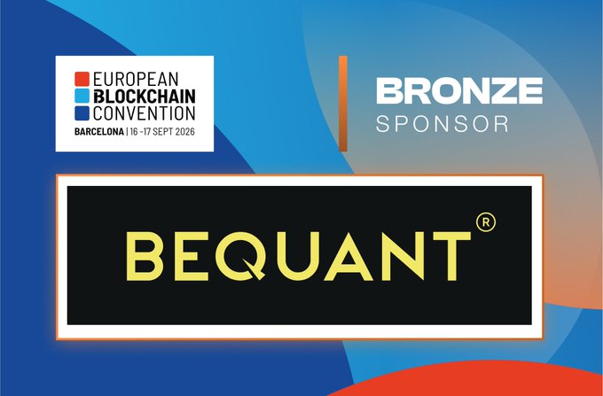 A promotional graphic for the European Blockchain Convention Barcelona 2026, announcing "BEQUANT" as a Bronze Sponsor.