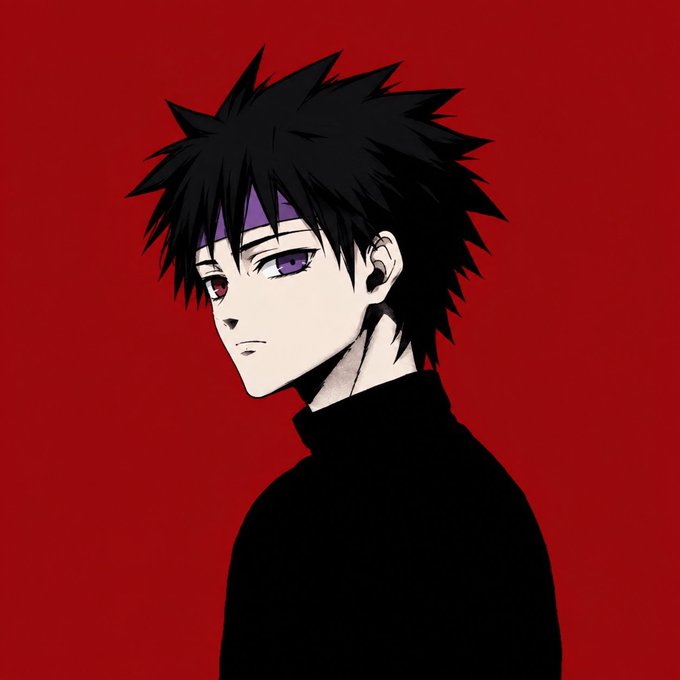 An anime-style illustration of a young man with spiky black hair and purple eyes, wearing a black turtleneck against a solid red background.