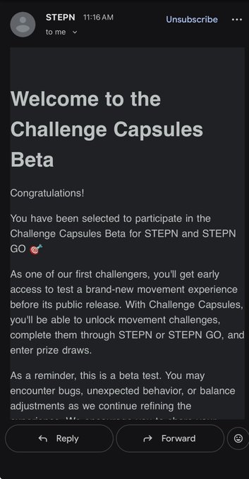 The image shows a screenshot of an email from someone named "Stepn" that has been reposted as a message on social media, with a brown background. The text in the email reads "Welcome to the Challenge Capsules beta!", which is related to a beta version of a product or game. The email also mentions that the user has been selected for participation and congratulates them on their first challenge.