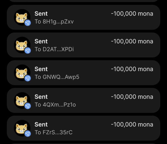 A screenshot showing multiple cryptocurrency transaction records, each indicating '-100,000 mona' sent to different addresses.
