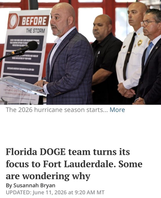 The image shows a man giving a speech at a podium, with a group of men standing behind him. The text in the image reads "That Was Quick! Fort Lauderdale received a four-page email from DOGE on Wednesday demanding the city turn over a long list of documents from fiscal year 202 4 through 202 6." This suggests that there might be an investigation or legal matter related to Fort Lauderdale, and the man giving the speech is addressing this issue.