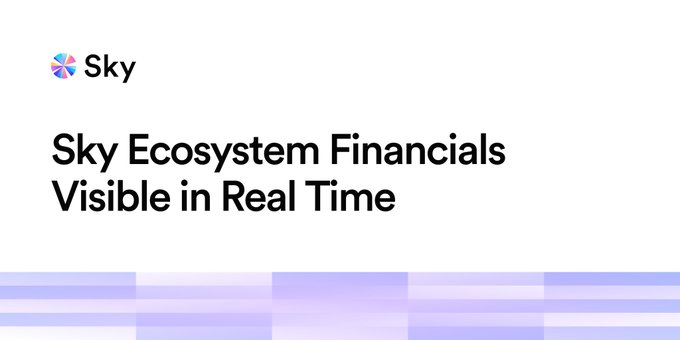 The image displays a branded slide with the "Sky" logo and the headline "Sky Ecosystem Financials Visible in Real Time," introducing a visual explanation of how the Sky Ecosystem provides transparency for institutional capital by offering real-time visibility into collateral, liquidity, risk parameters, and capital buffers.