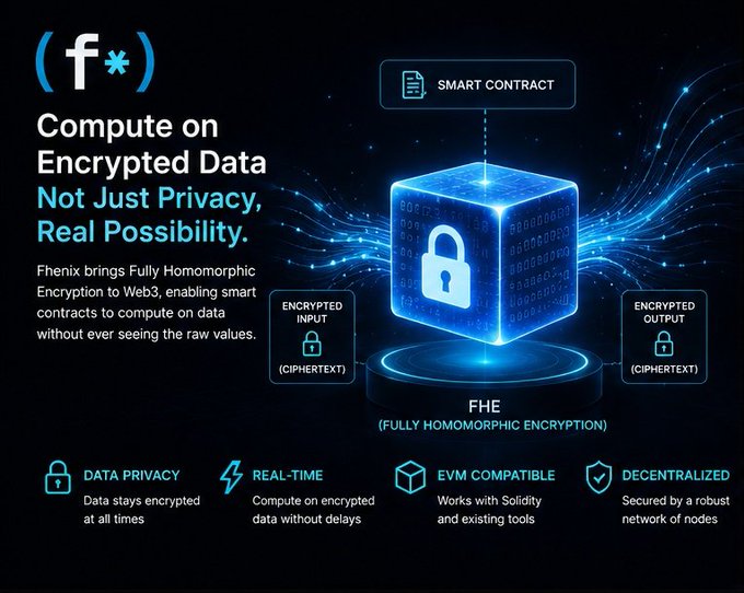 Promotional graphic for Fhenix explaining Fully Homomorphic Encryption (FHE), showing a locked cube labeled FHE with encrypted input/output flowing into a Smart Contract, highlighting features like Data Privacy, Real-Time, EVM Compatible, and Decentralized.
