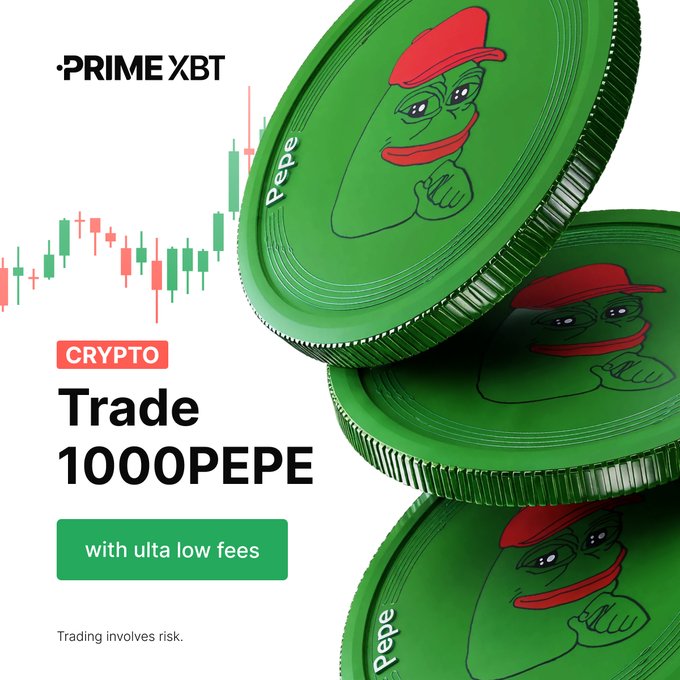 A Prime XBT promotional advertisement featuring Pepe meme coins with text reading 'CRYPTO Trade 1000PEPE with ulta low fees' and 'Trading involves risk.'